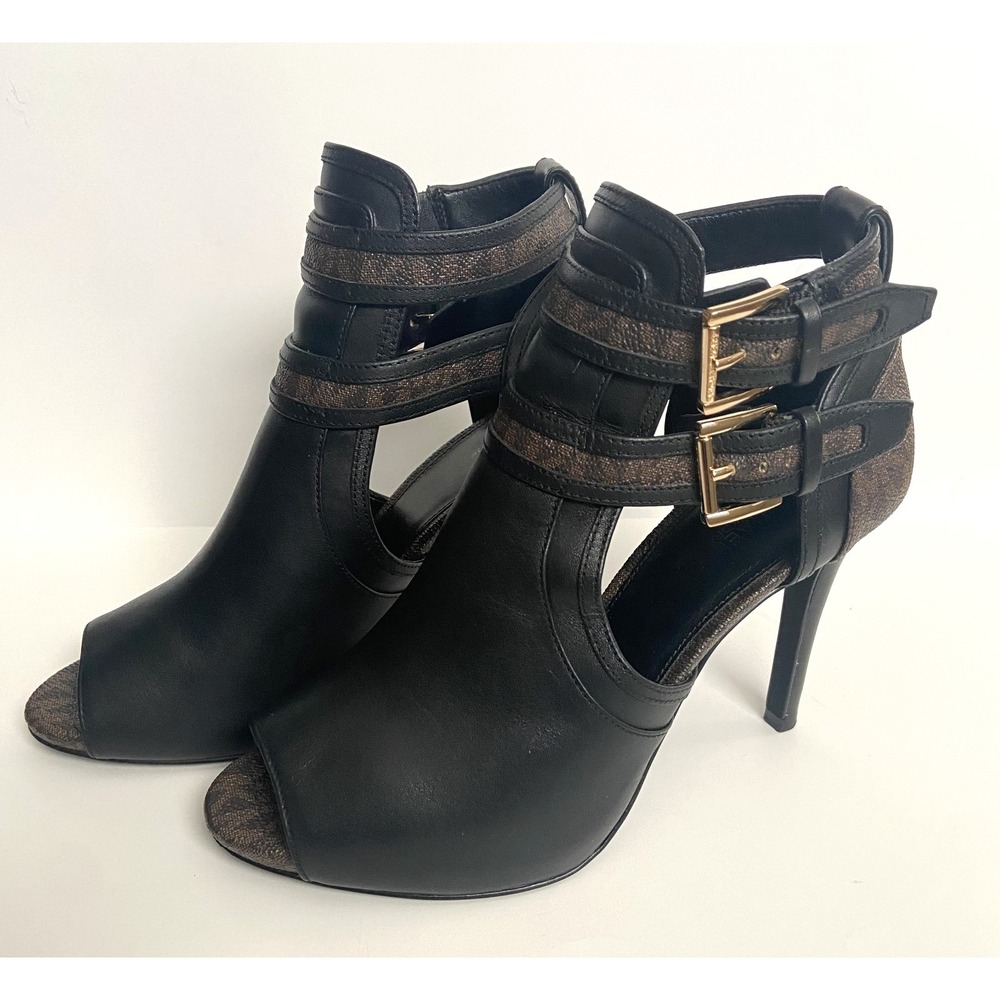 Michael Kors Women's Black Brown Logo Leather Open‑Toe Ankle Booties Size 7.5